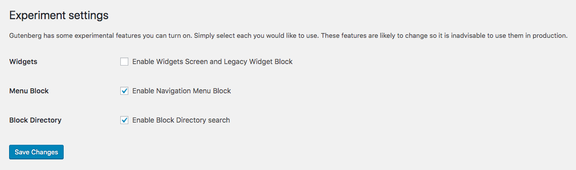 Gutenberg Experiments section in WP Admin